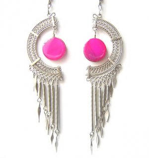 CRESCENT MOON ~ LG Fuchsia Agate Silver Chandelier Earrings
