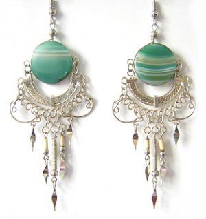 LATIN RHYTHM ~ Green Agate Silver Bamboo Chandelier Earrings