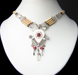 WHITE MAGIC ~ RUBY RED Glass & Quartz Bamboo Bone Necklace