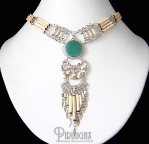 INDIAN CHANT ~ Green Agate Silver Bamboo Chandelier Necklace