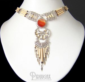 INDIAN CHANT ~ ORANGE Agate Silver Bamboo Chandelier Necklace