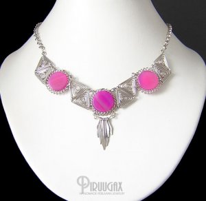MYSTICAL PIRAMIDS ~ Fuchsia Agate Silver Necklace Choker