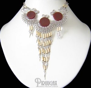 WATERFALL SHADE ~ Carnelian Agate Silver Bamboo Chandelier Necklace