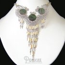 WATERFALL SHADE ~ Green Agate Silver Bamboo Chandelier Necklace