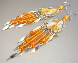 JUICY ORANGE ~  Hand Woven Hippie Thread Chandelier Earrings