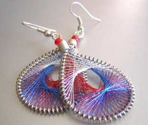 PEEK-A-BOOO ~ Blue Red White Metallic Thread Earrings