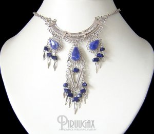 Boho Solidate Lapis Lazuli nuggets Silver Filigree Necklace