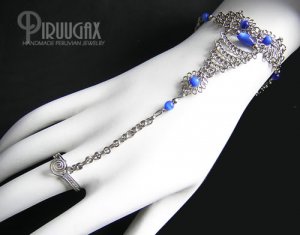 ROYAL BLUE Cat Eye Beaded Silver Slave Bracelet & Ring