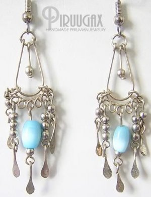 TURQUOISE Cat Eye Beaded Silver Dangle Hoop Earrings