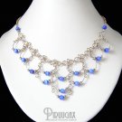 BLUE Cat Eye Beaded Silver Crescent Necklace Choker