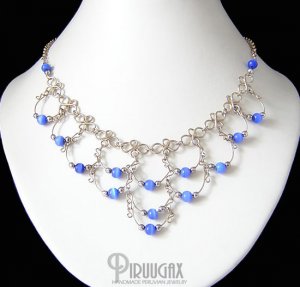 BLUE Cat Eye Beaded Silver Crescent Necklace Choker