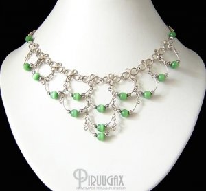 GREEN Beaded Silver Crescent Necklace Choker