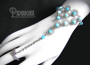 TURQUOISE Cat Eye Beaded Silver Flower Slave Bracelet & Ring