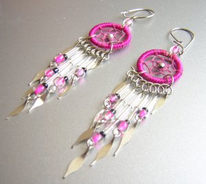 FUCHSIA Crystal Hand Woven Hippie Dreamcatcher Chandelier Earrings