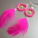 PINK Cat eyes Hand Woven Hippie Dreamcatcher Feathers Chandelier Earrings