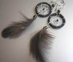 BLACK Cat eyes Hand Woven Hippie Dreamcatcher Feathers Chandelier Earrings
