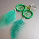 GREEN Cat eyes Hand Woven Hippie Dreamcatcher Feathers Chandelier Earrings