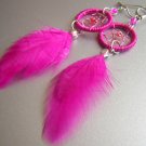 MAGENTA Cat eyes Hand Woven Hippie Dreamcatcher Feathers Chandelier Earrings