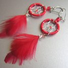 RED Hand Woven Hippie Dreamcatcher Feathers Chandelier Earrings