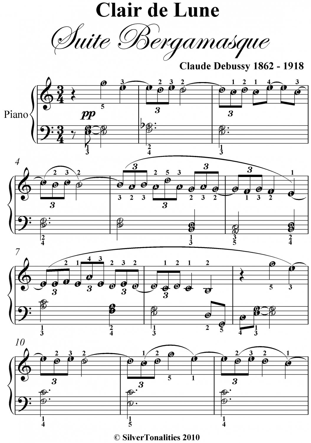 Clair de Lune Suite Bergamasque Easy Elementary Piano Sheet Music PDF