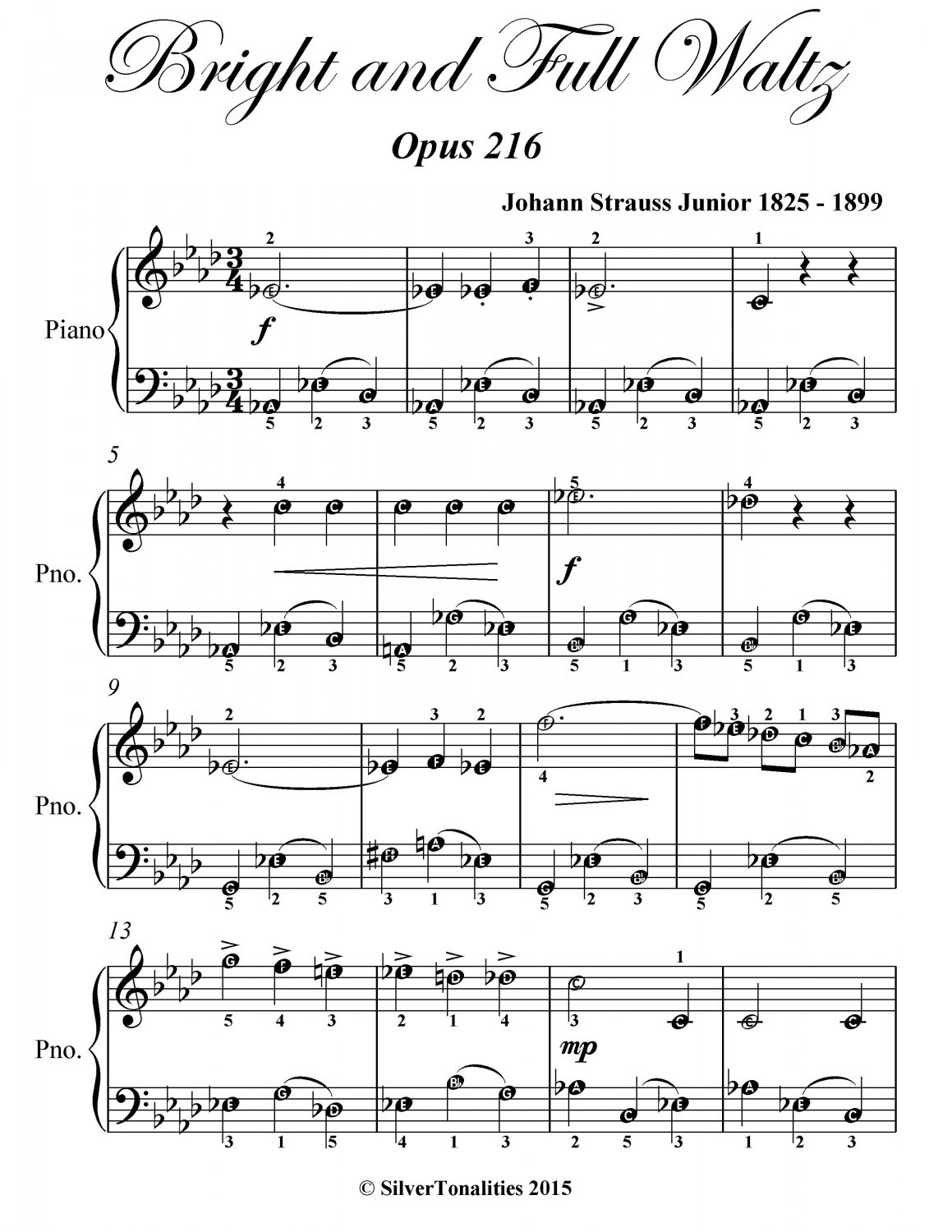 Bright and Full Waltz Opus 216 Easy Piano Sheet Music PDF