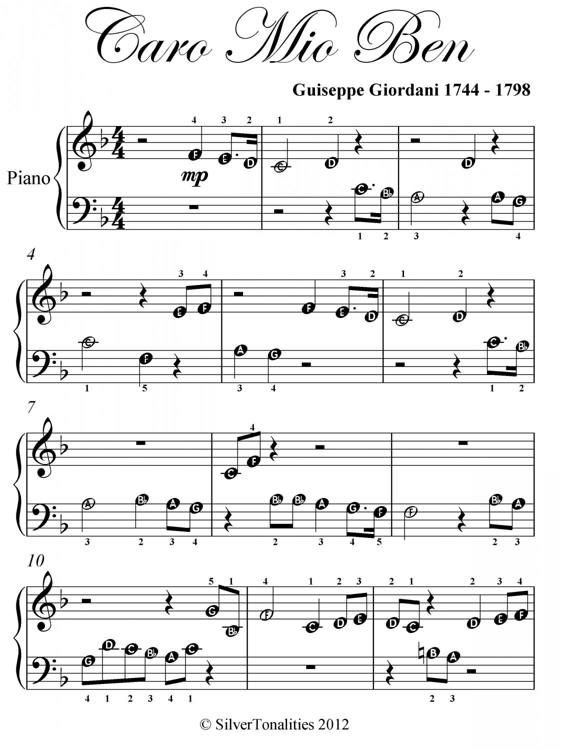 Caro Mio Ben Beginner Piano Sheet Music PDF