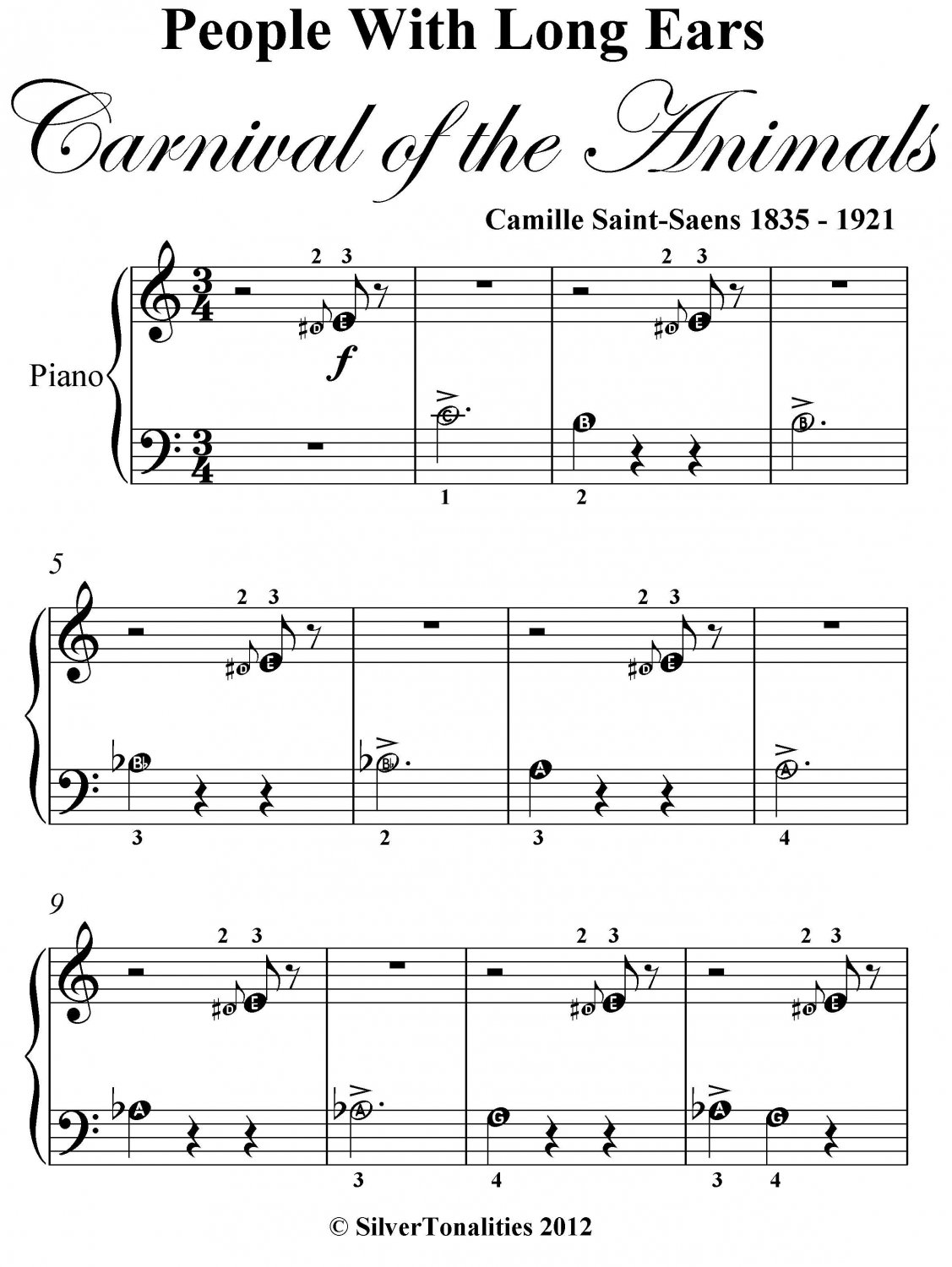 People With Long Ears Carnival of the Animals Beginner Piano Sheet