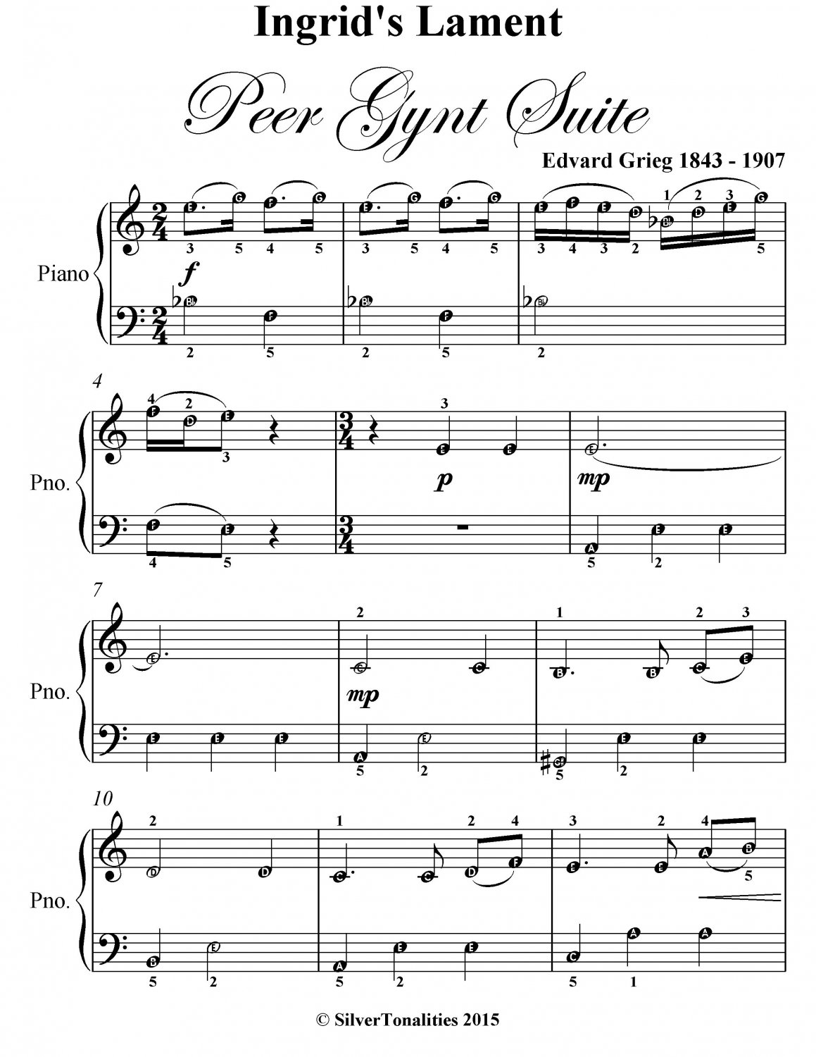 Ingrid's Lament Peer Gynt Suite Easy Piano Sheet Music PDF