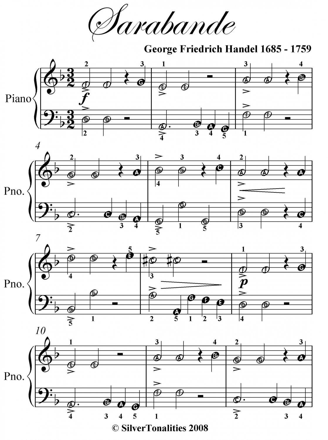 Sarabande Easy Piano Sheet Music PDF