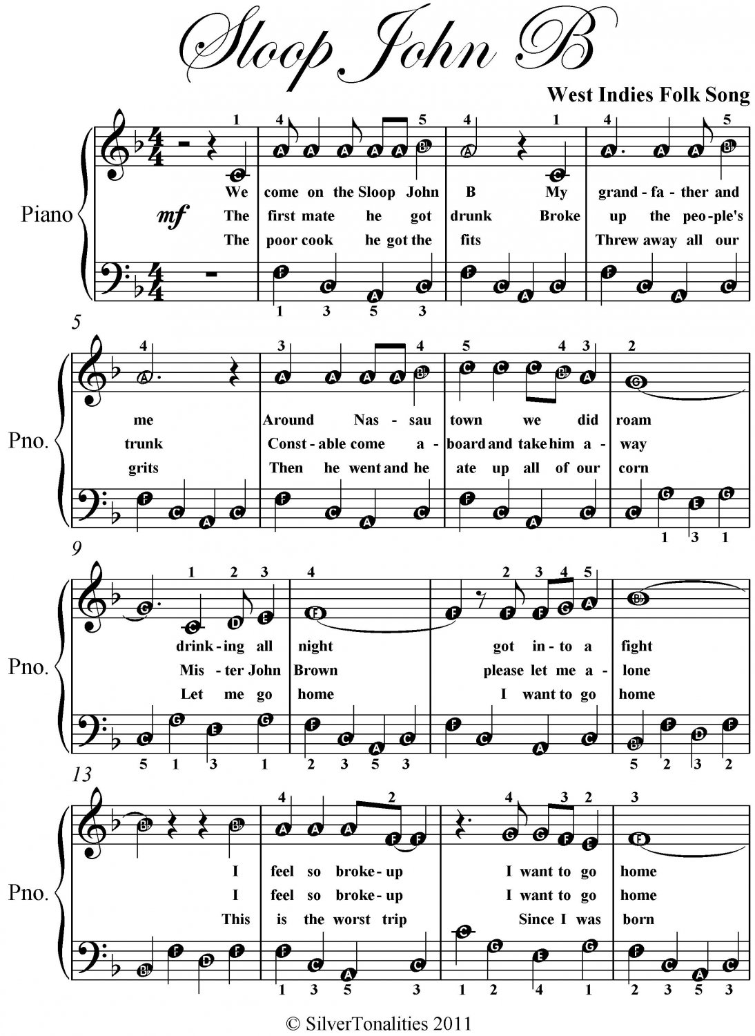 Sloop John B Easy Piano Sheet Music Sheet Music PDF