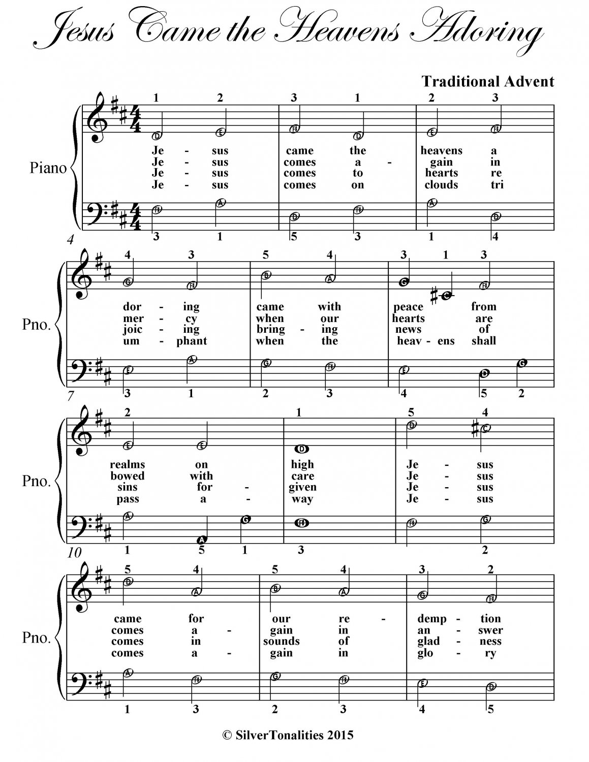 Jesus Came the Heavens Adoring Easy Piano Sheet Music PDF