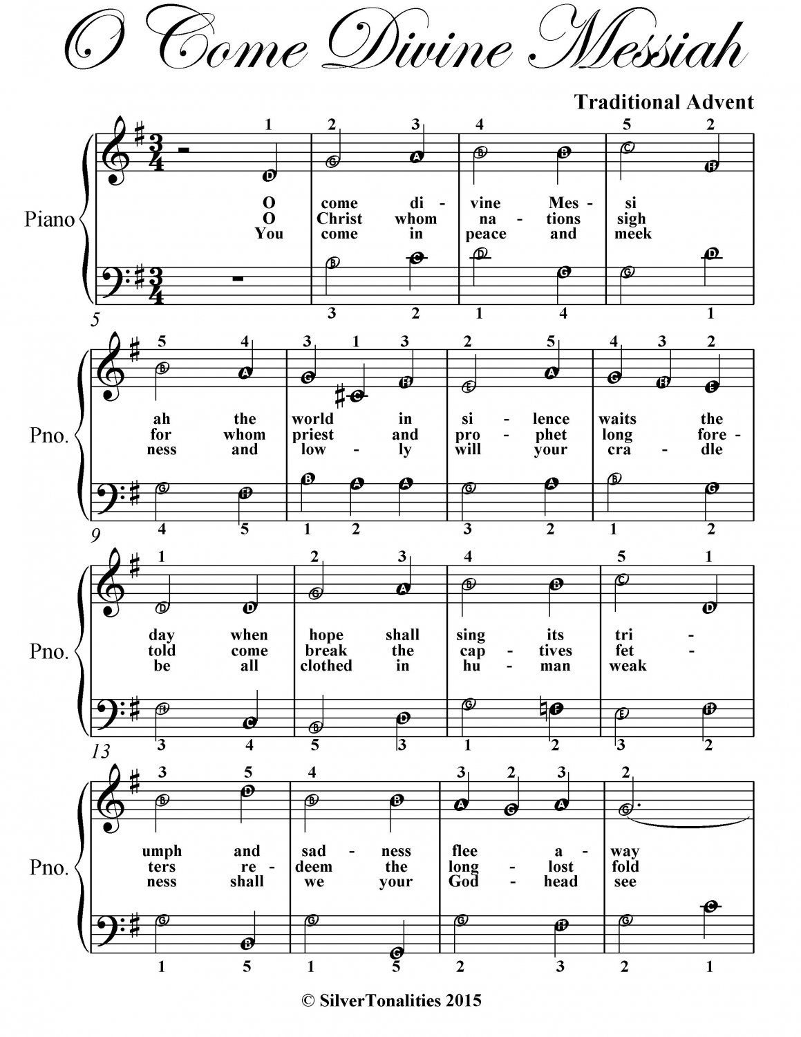 O Come Divine Messiah Traditional Advent Easy Piano Sheet Music PDF