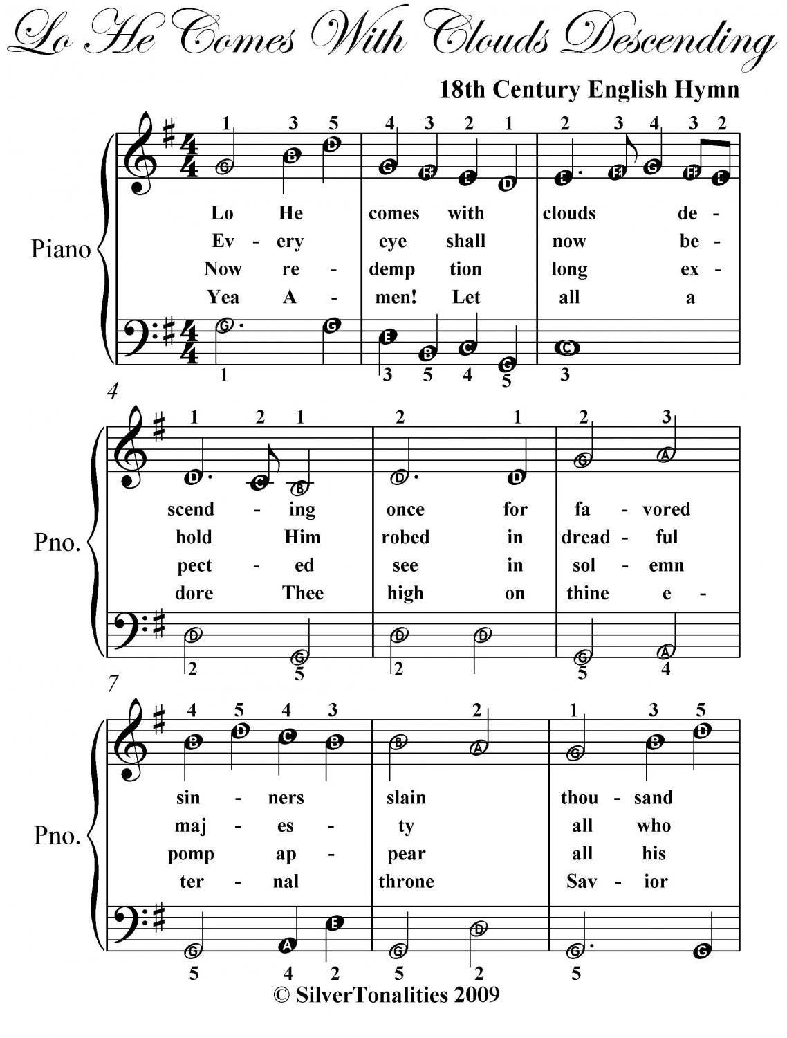 Lo He Comes With Clouds Descending Easy Piano Sheet Music PDF