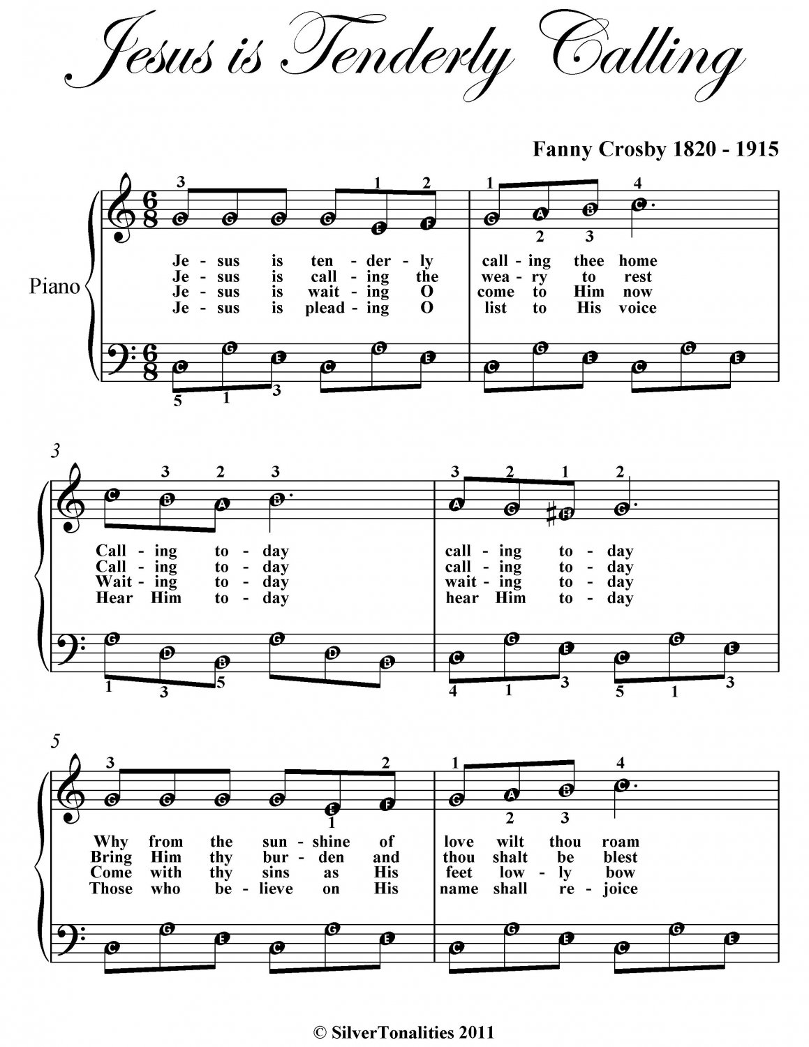 Jesus Is Tenderly Calling Easy Piano Sheet Music PDF