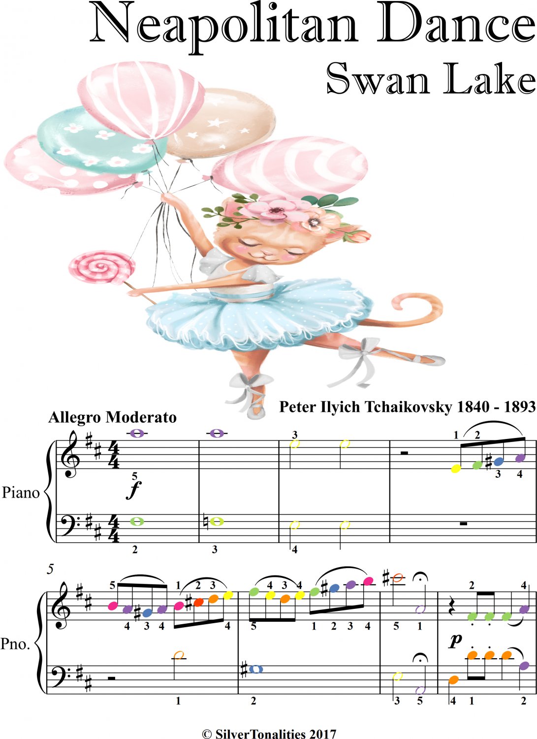 The Neapolitan Dance Swan Lake for Easy Piano Sheet Music with Colored Notes