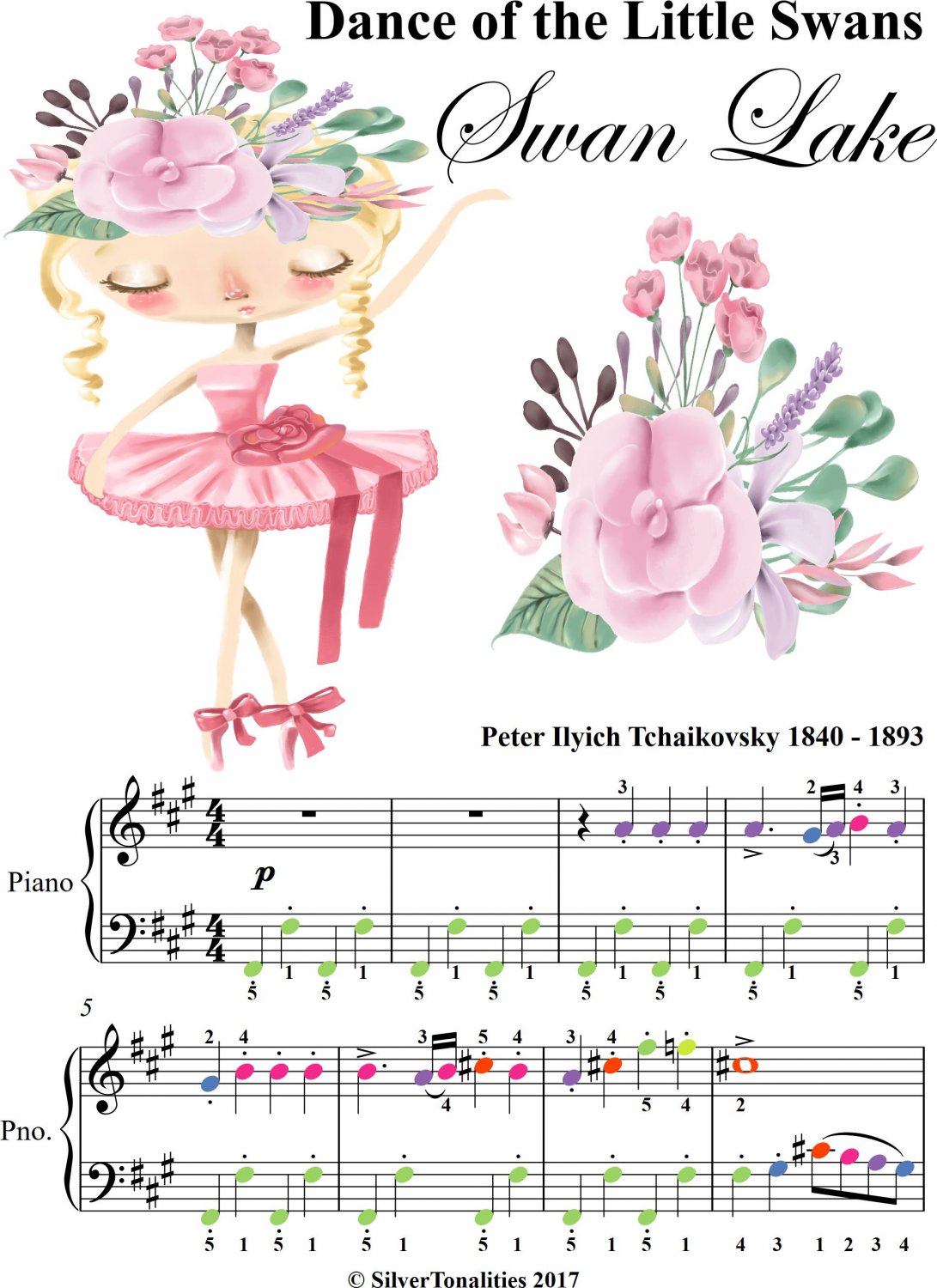 Dance of the Little Swans Easy Elementary Piano with Colored Notes