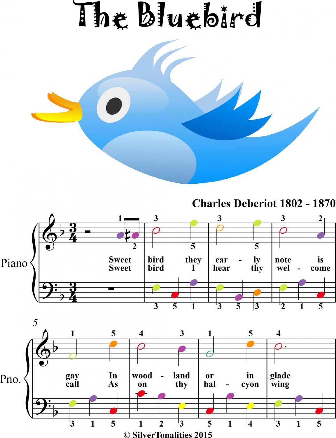 The Bluebird Easy Piano Sheet Music with Colored Notes
