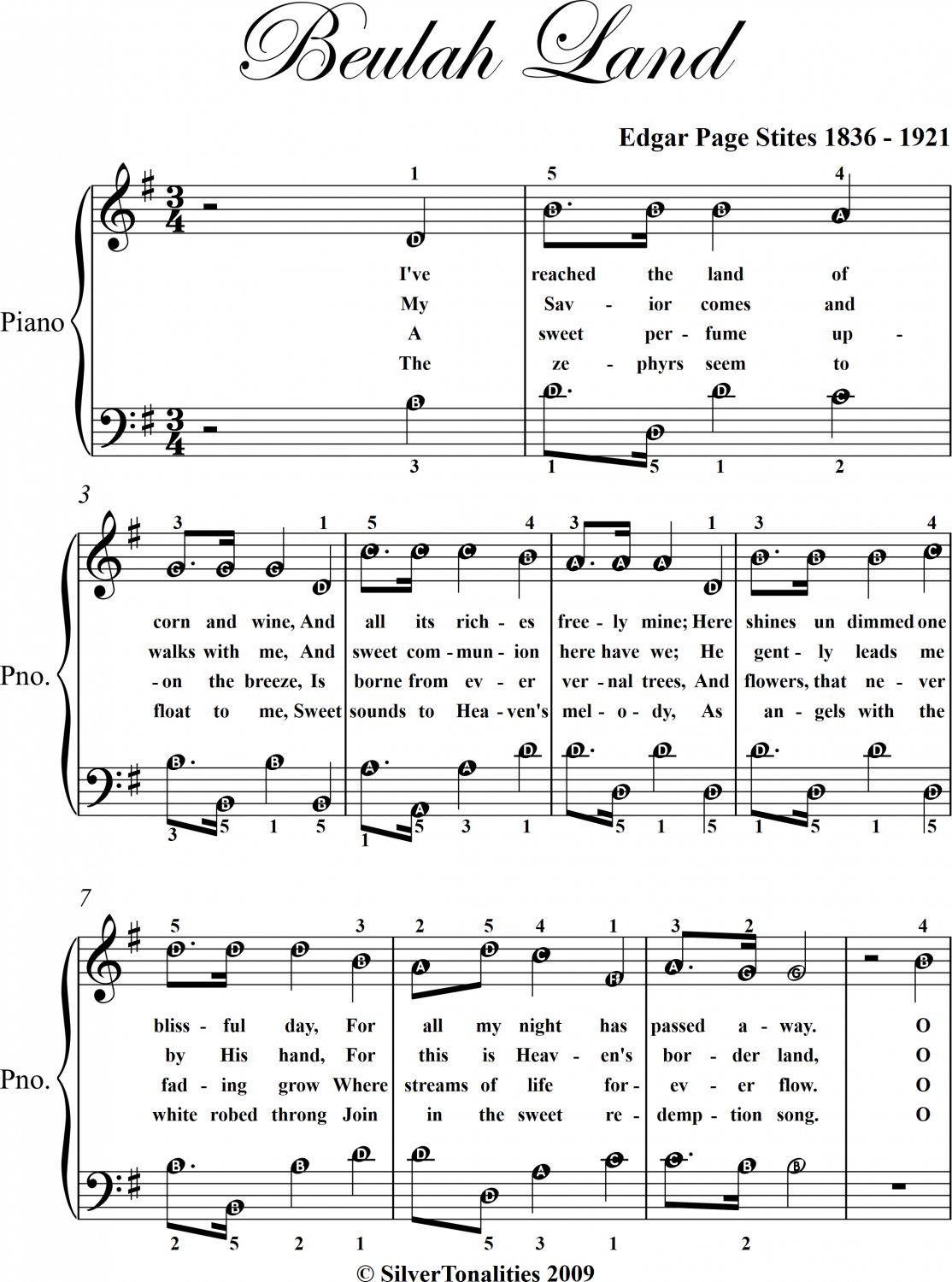 Beulah Land Easy Piano Sheet Music