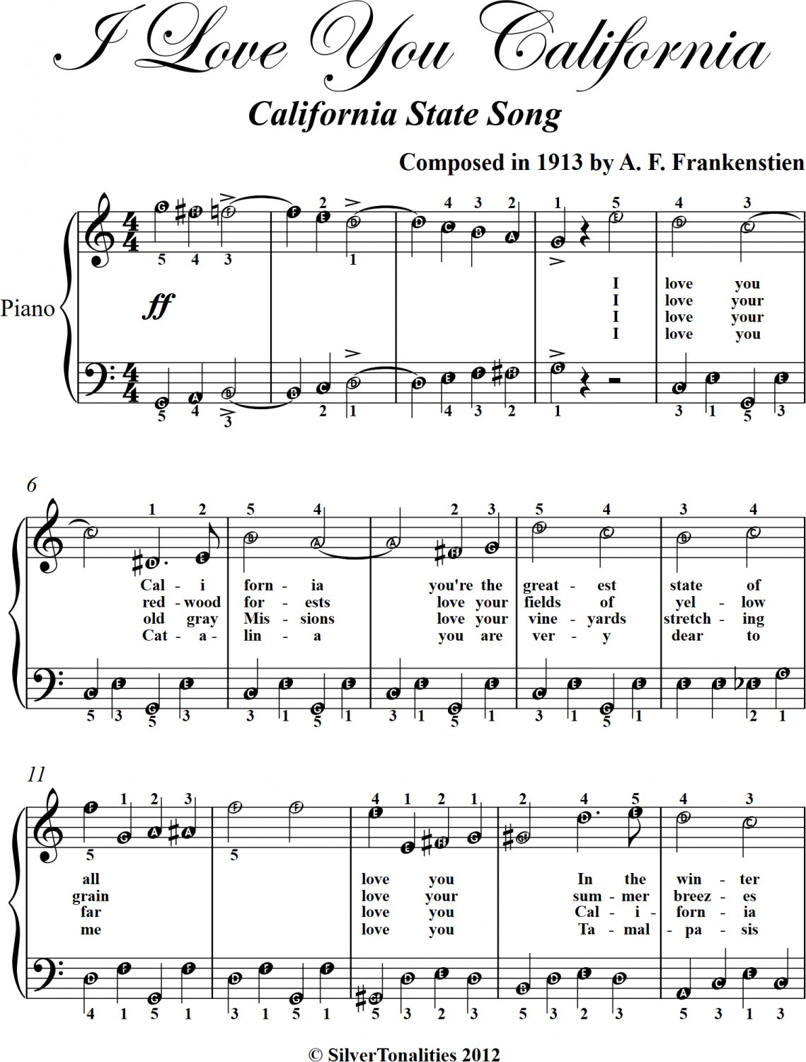 I Love You California Easy Piano Sheet Music