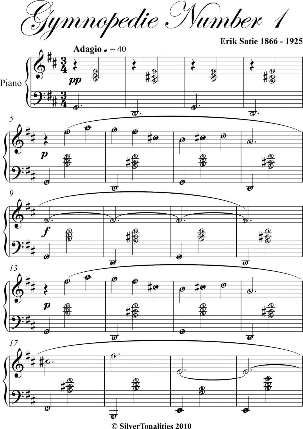 Gymnopedie Number 1 Easy Intermediate Piano Sheet Music