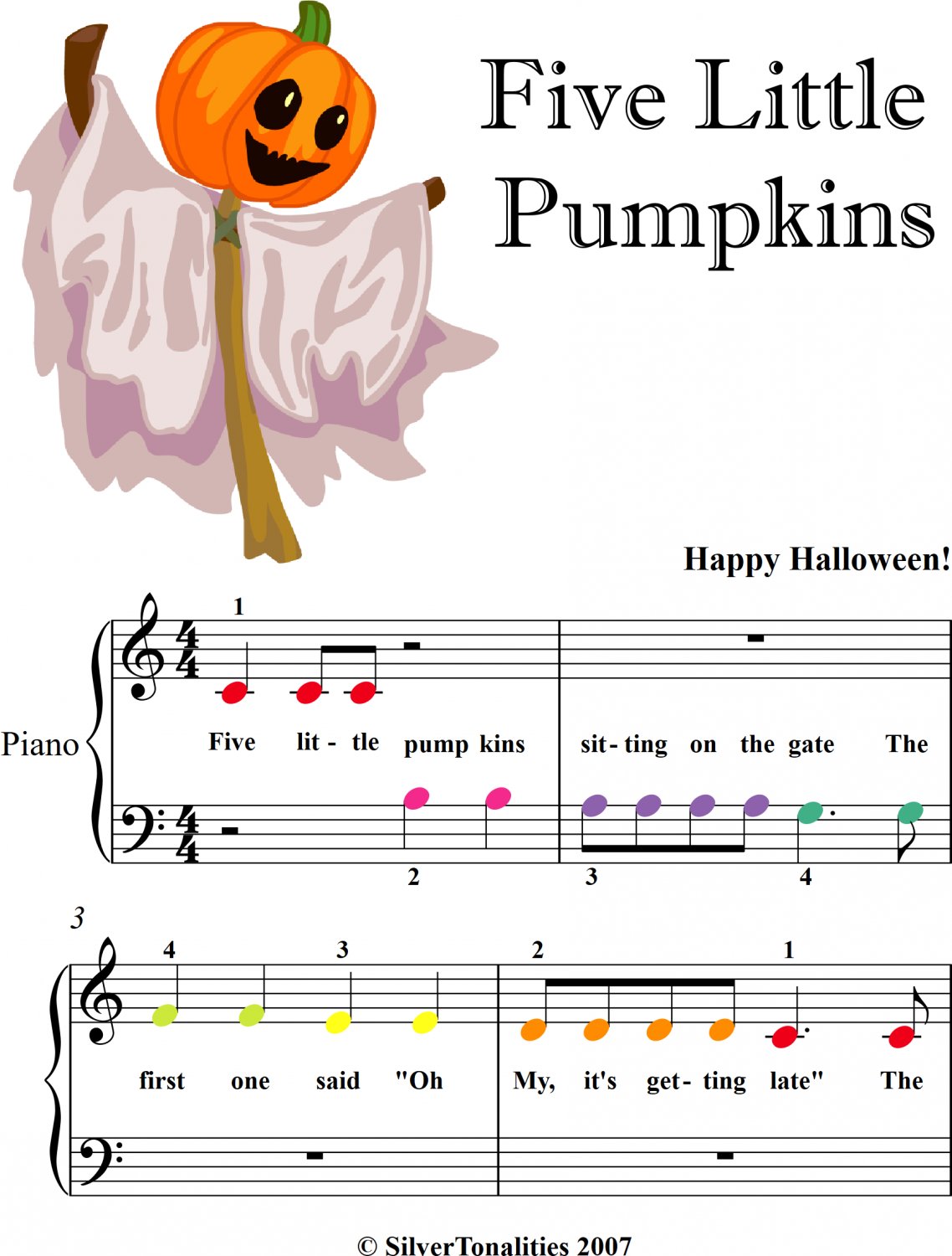 Five Little Pumpkins Beginner Piano Sheet Music with Colored Notes