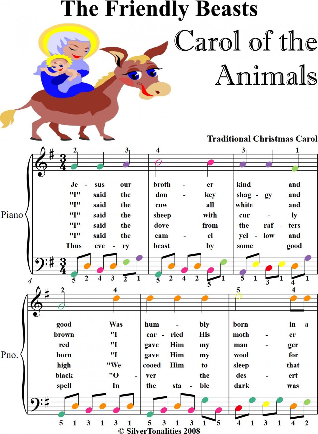 The Friendly Beasts Carol of the Animals Easy Piano Sheet Music with Colored Notes