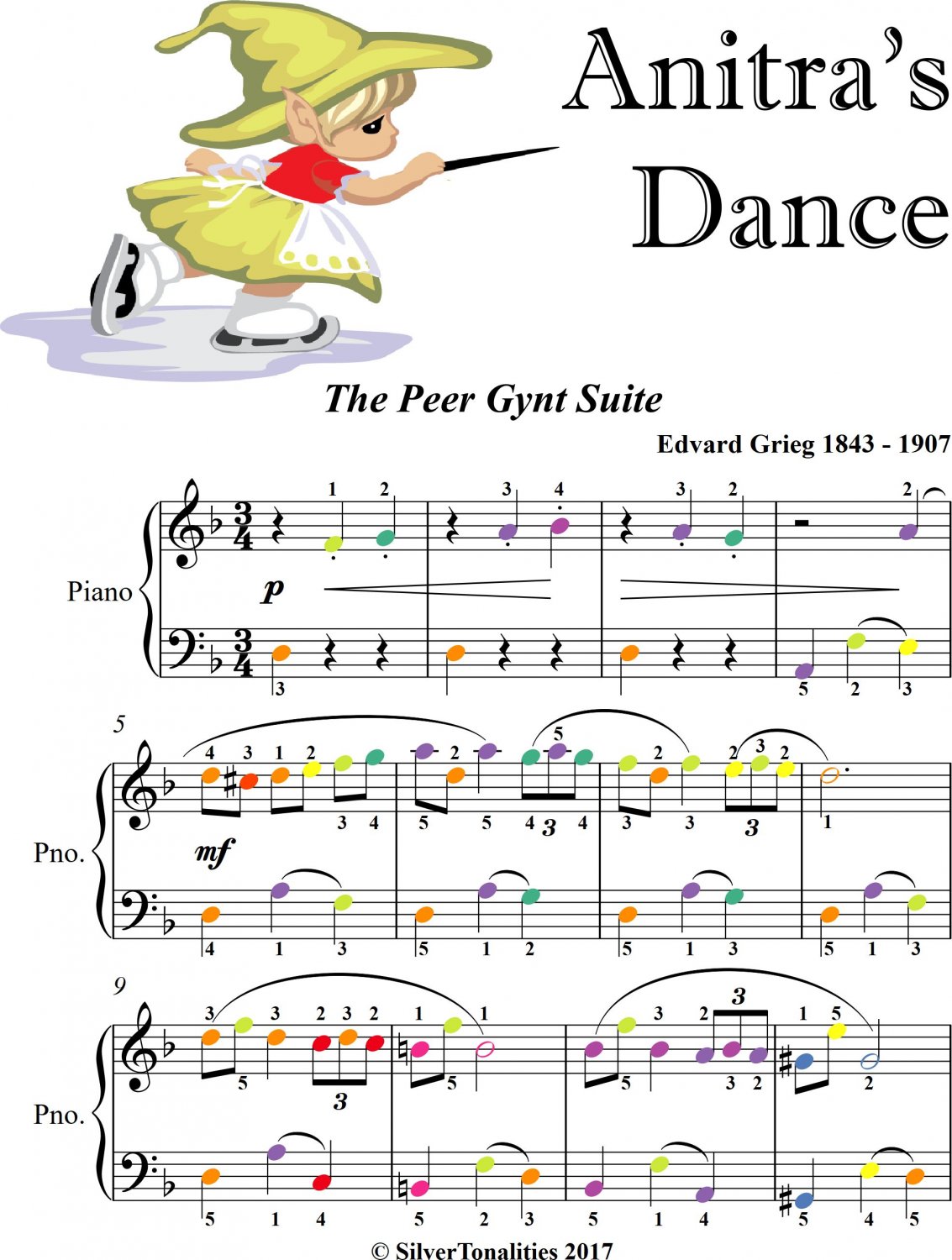 Anitra's Dance Peer Gynt Suite Easy Piano Sheet Music with Colored Notes