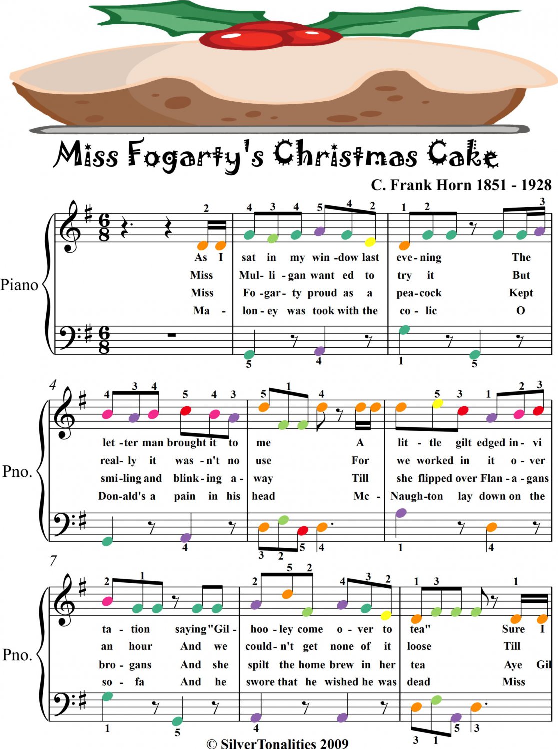 Miss Fogarty's Christmas Cake Easy Piano Sheet Music with Colored Notes