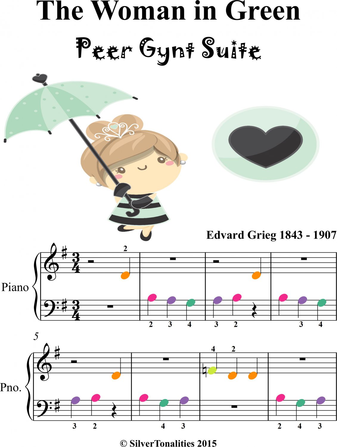 Woman in Green Peer Gynt Beginner Piano Sheet Music with Colored Notes
