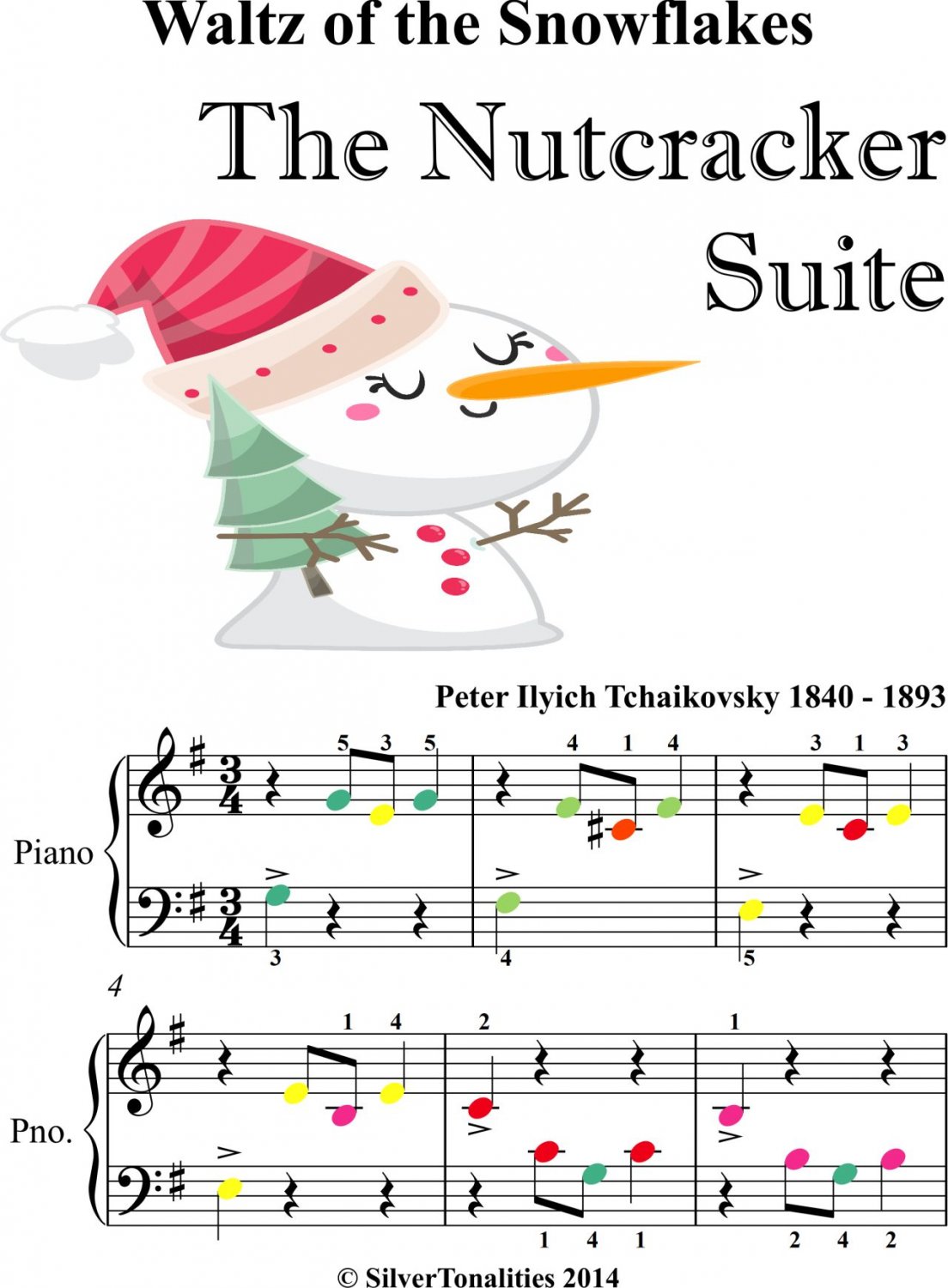 Waltz of the Snowflakes Nutcracker Suite Beginner Piano Sheet Music with Colored Notes