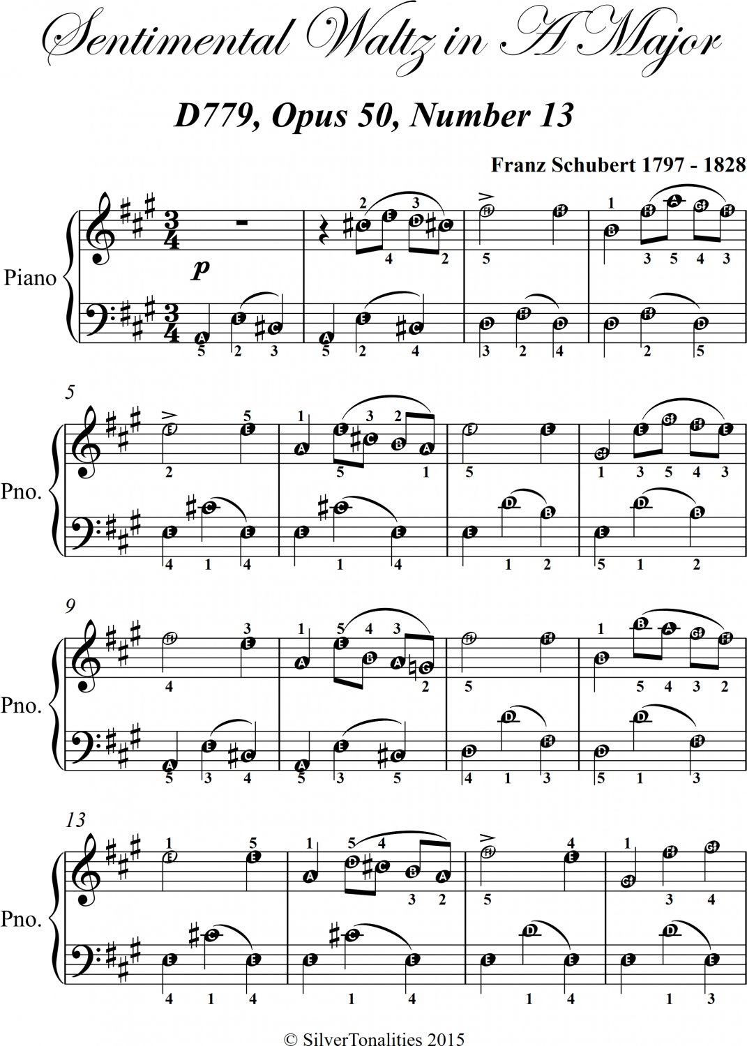 Sentimental Waltz in A Major Opus 50 Number 13 Easy Piano Sheet Music