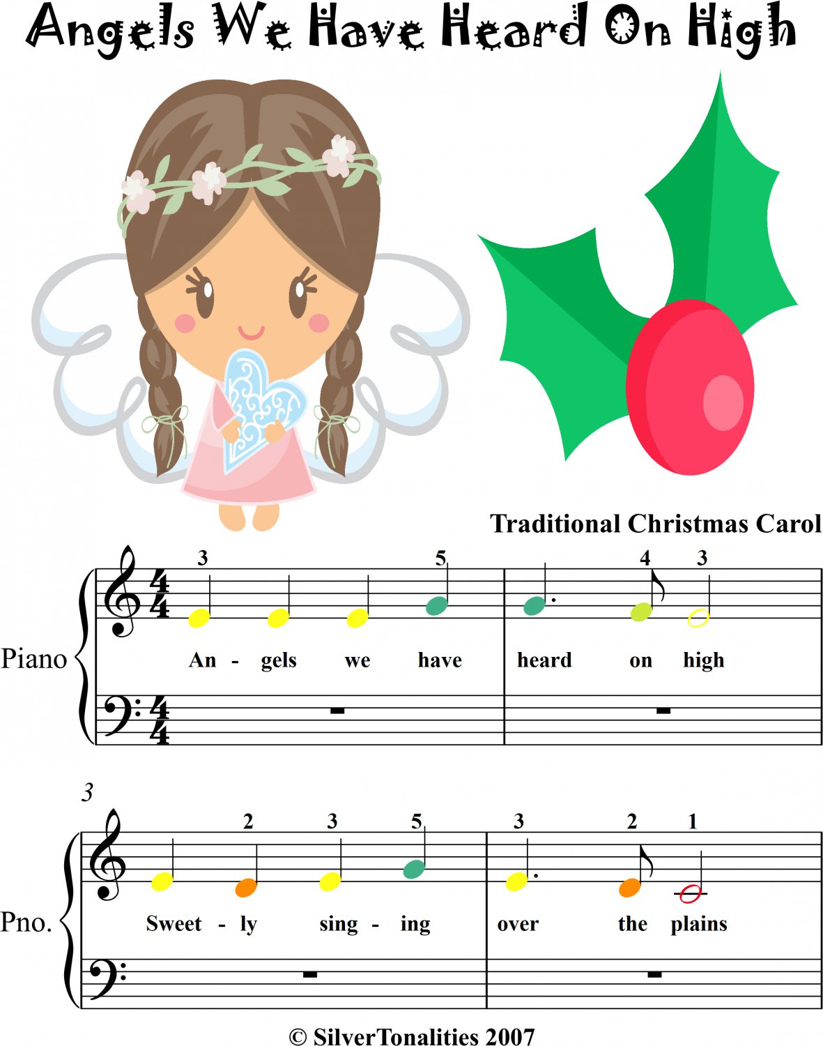 Angels We Have Heard On High Beginner Piano Sheet Music with Colored Notes