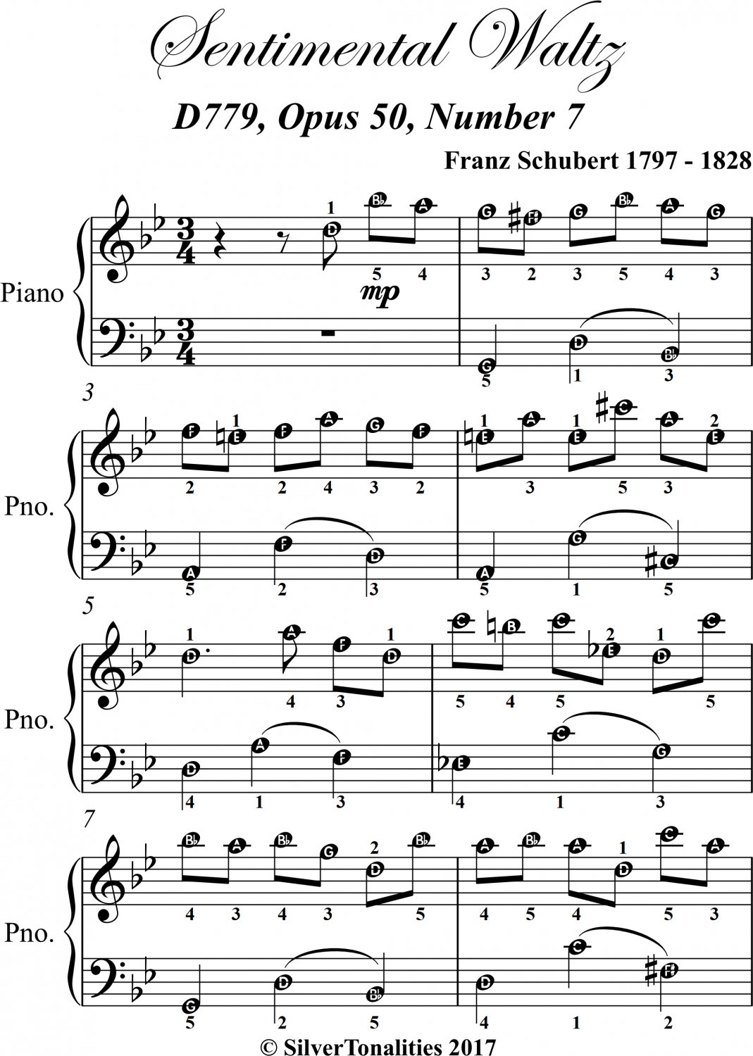 Sentimental Waltz Opus 50 Number 7 Easy Piano Sheet Music