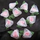 Organza Pink + Green Ribbon Roses - Fairy Craft - 25 pieces